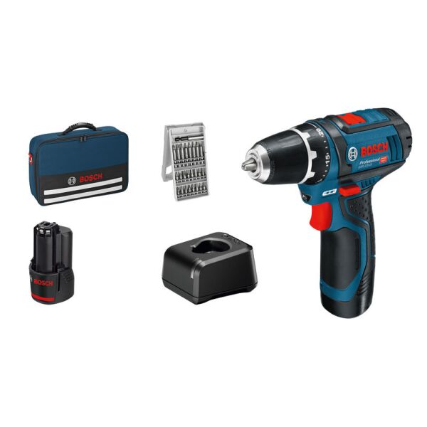 GSR 12V-15 cordless drill/driver, 2 x GBA 12V 2.0Ah battery, 25-piece bit set