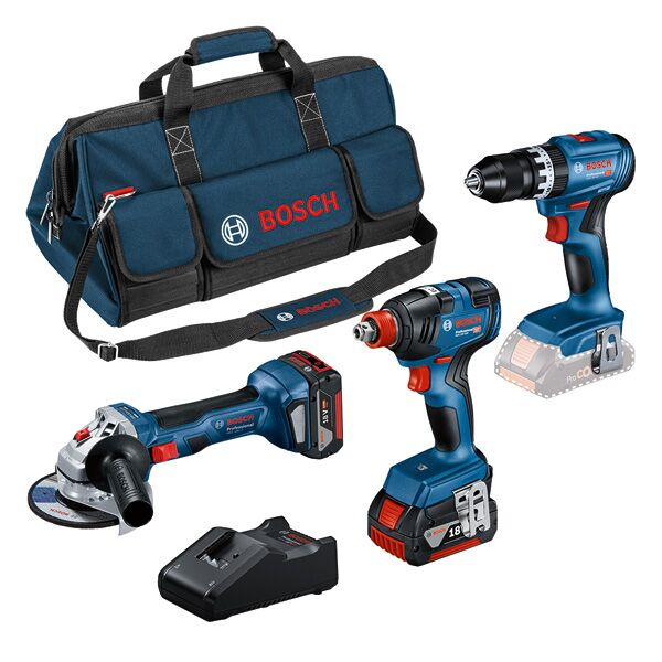 Combo kit set with 3 18V tools: GSB 18V-45, GDX 18V-200, GWS 18V-7, 2x 5.0Ah