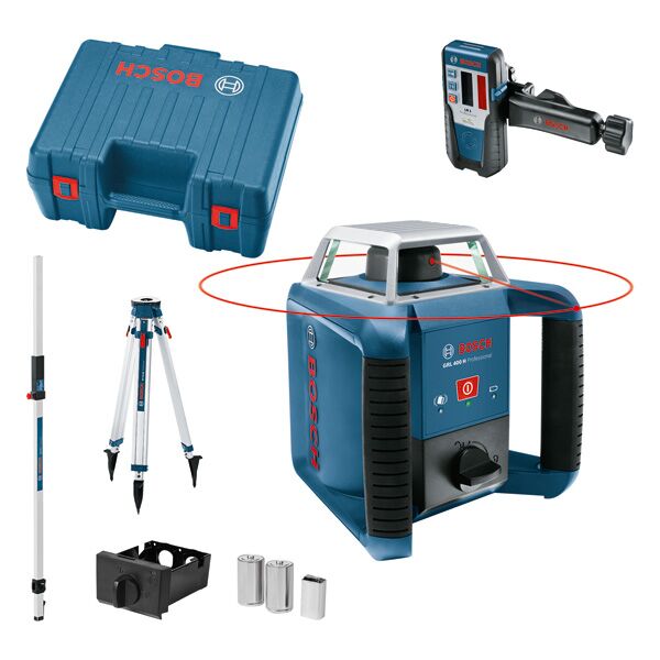 GRL 400 H rotary laser, with LR 1, BT 170 HD construction tripod, and GR 240 measuring rod