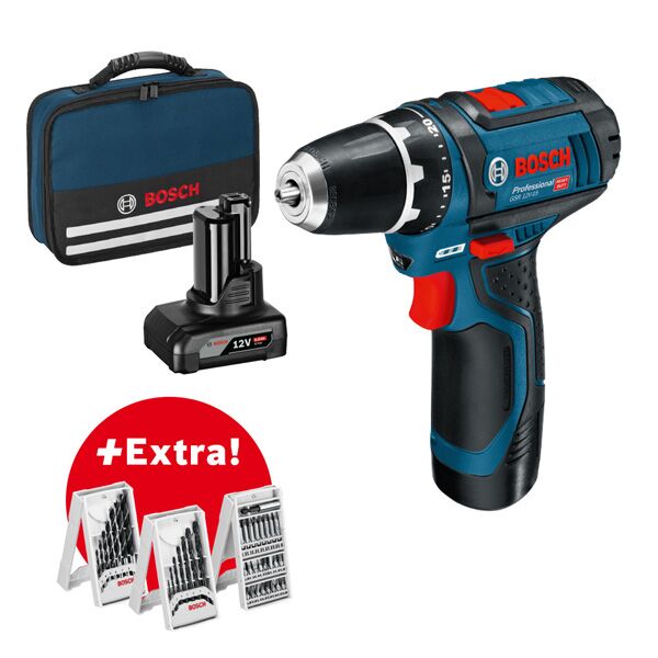 GSR 12V-15 cordless drill/driver, with 1 x 2.0 Ah, 1 x 4.0 Ah, accessory set in bag