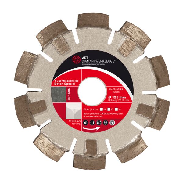 Fugenfrässcheibe Beton Spezial Ø 125 mm / Segmenthöhe 10 mm / Segmentstärke 18 mm / Bohrung 22,23 mm